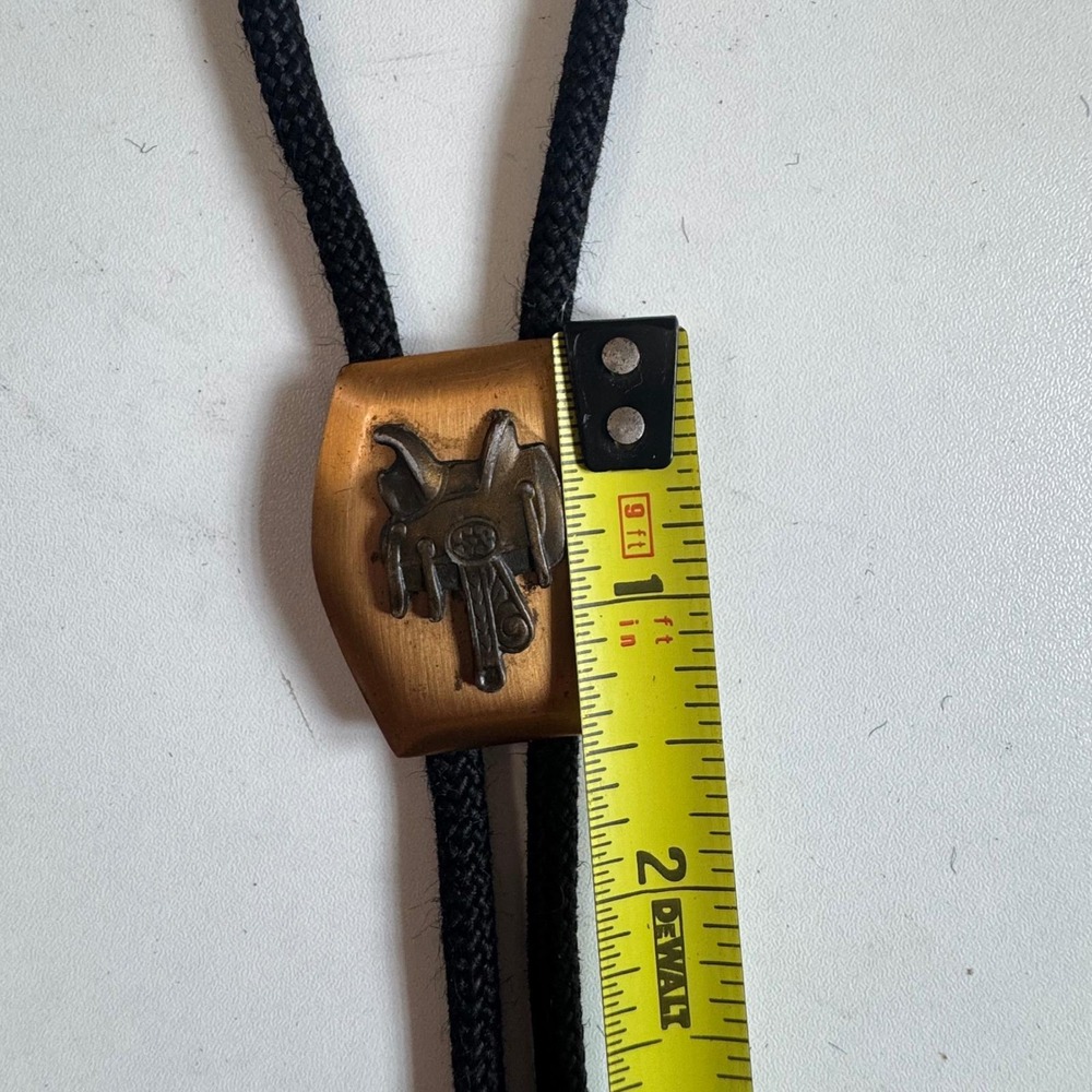 Vintage Western Copper Saddle Bolo Tie Shield Black Braided Cord Cowboy Tie - Picture 6 of 8